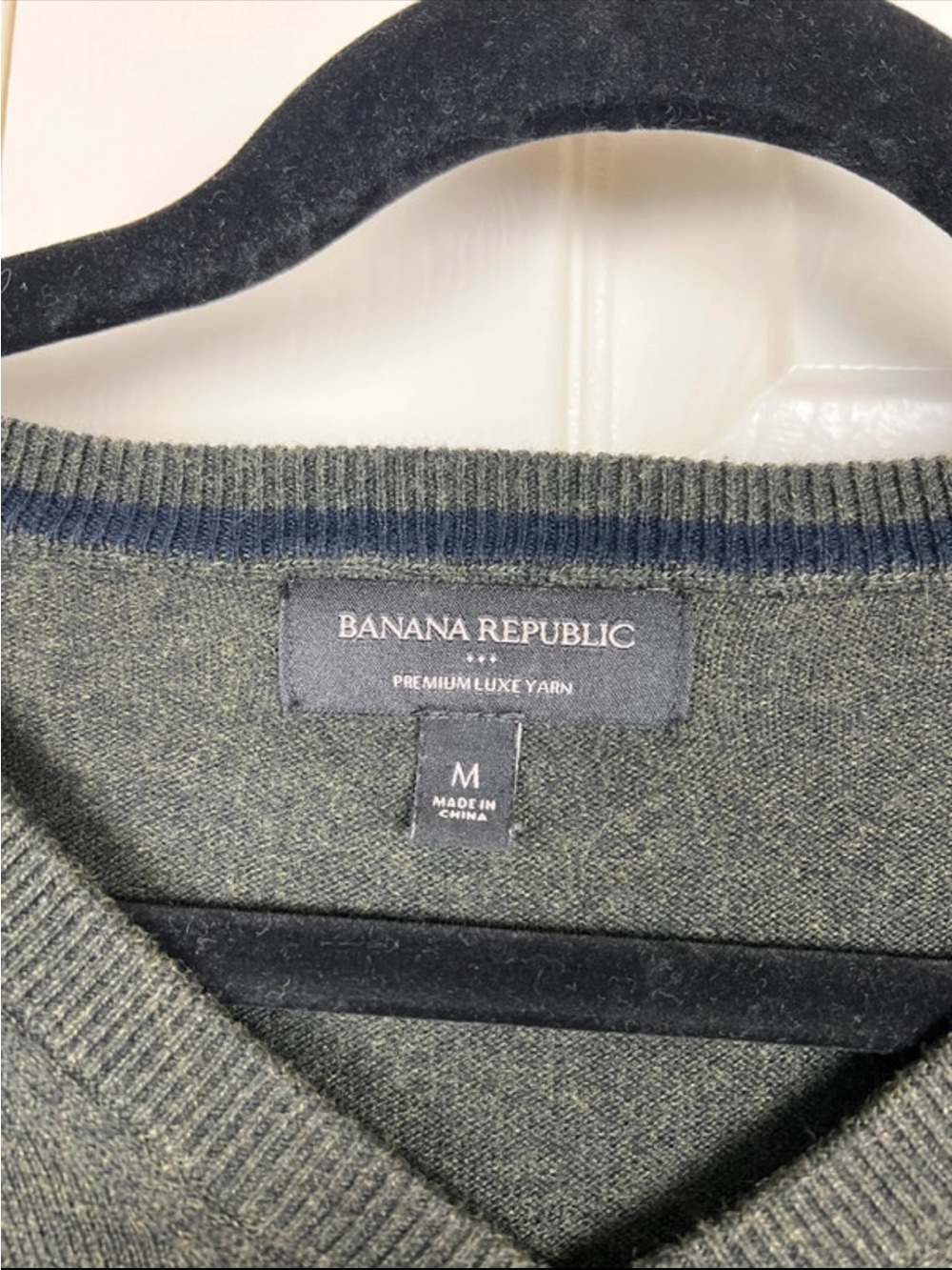 Banana Republic Men's Olive Green V-Neck Sweater with Navy Accent